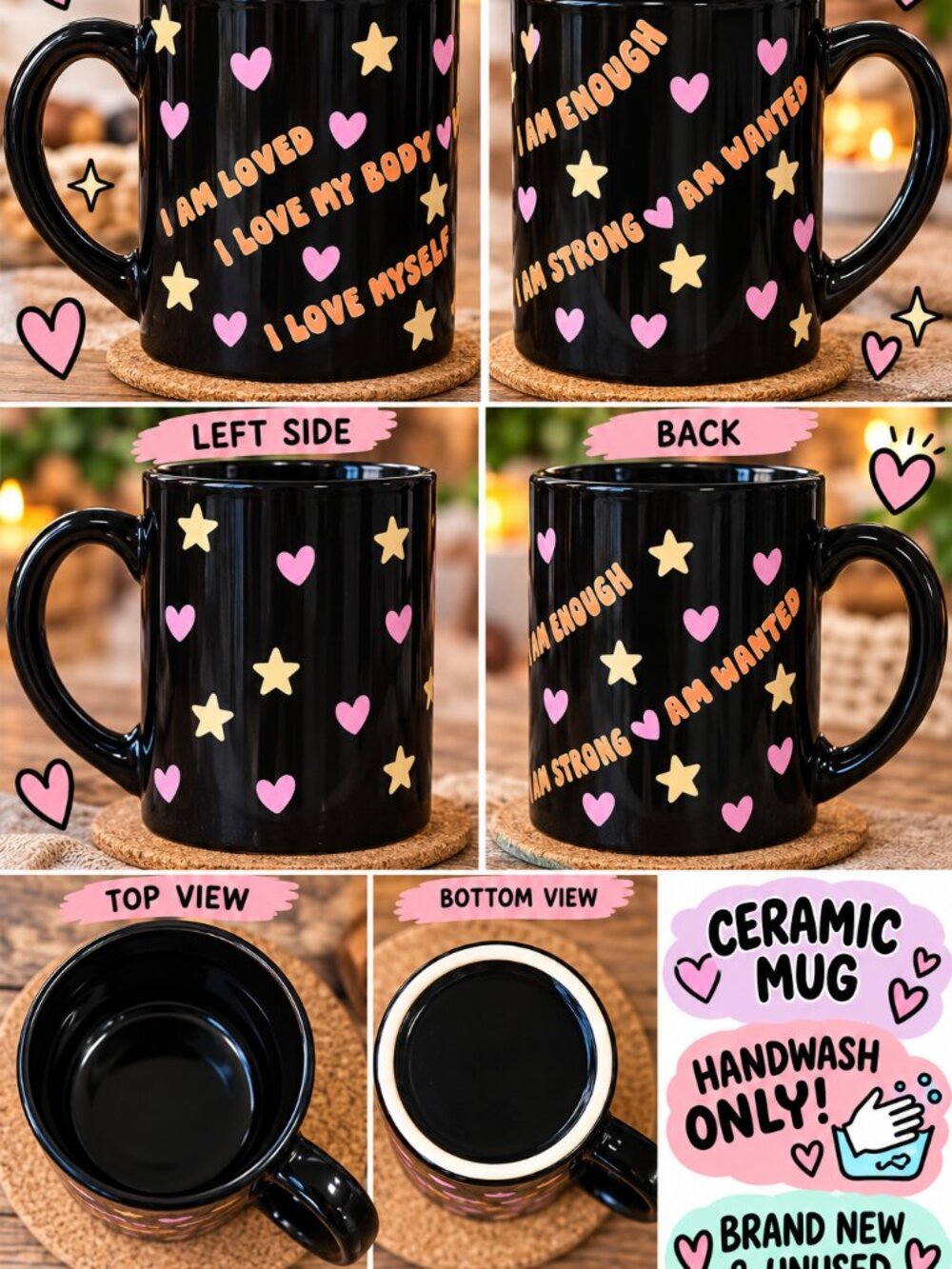 Self Love Affirmation Black Ceramic Mug I Am Loved Enough Strong New